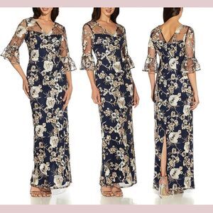 NWT Adrianna Papell‎ [ 22W ] Floral Bell Sleeve Embroidered Column Gown Blue